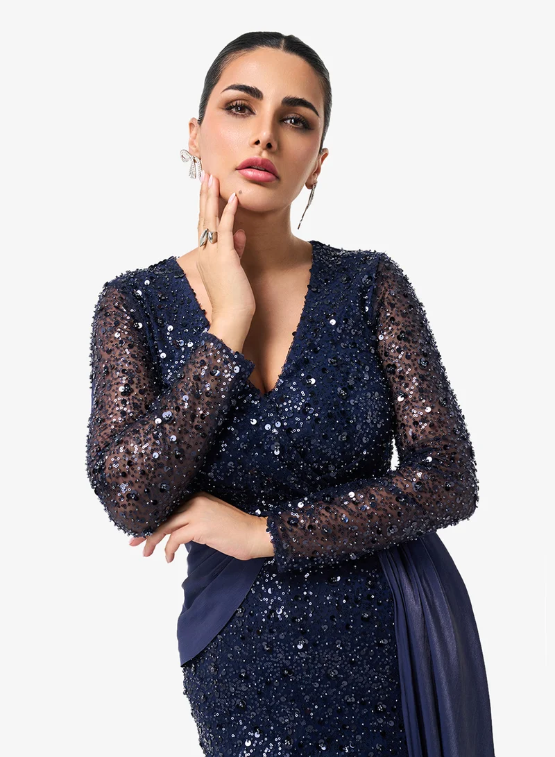 Threadz by Ajooni  Shimmer V-Neck Side Slit Maxi Dress for Women | Best Price UAE