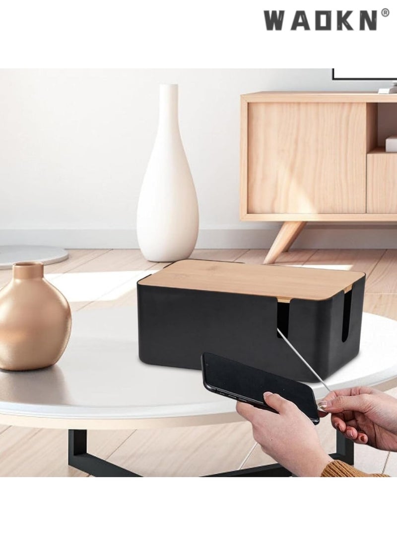WAOKN Cable Management Box - Cable Organizer Box | Cord Management Box with Bamboo Lid To Cover & Hide Power Strips & Cords | Cable Box Organizer for TV, Computer, Router Hub, Under Desk & Office  - Image 2