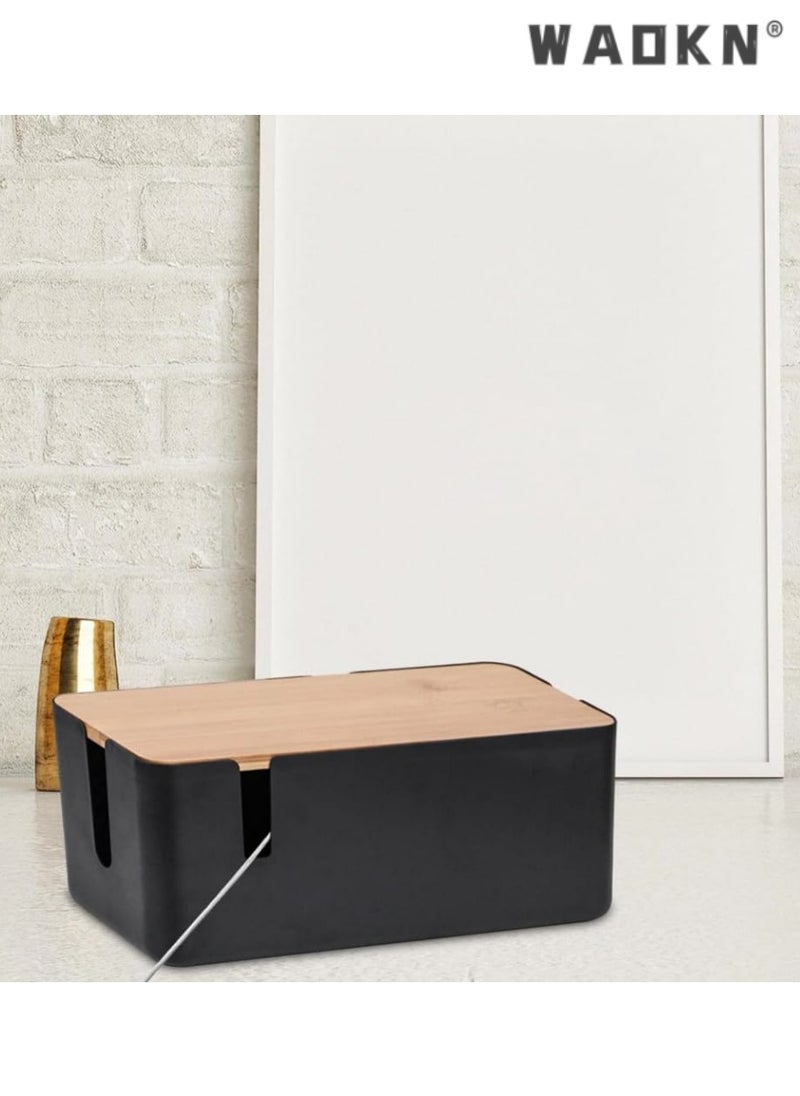 WAOKN Cable Management Box - Cable Organizer Box | Cord Management Box with Bamboo Lid To Cover & Hide Power Strips & Cords | Cable Box Organizer for TV, Computer, Router Hub, Under Desk & Office  - Image 3