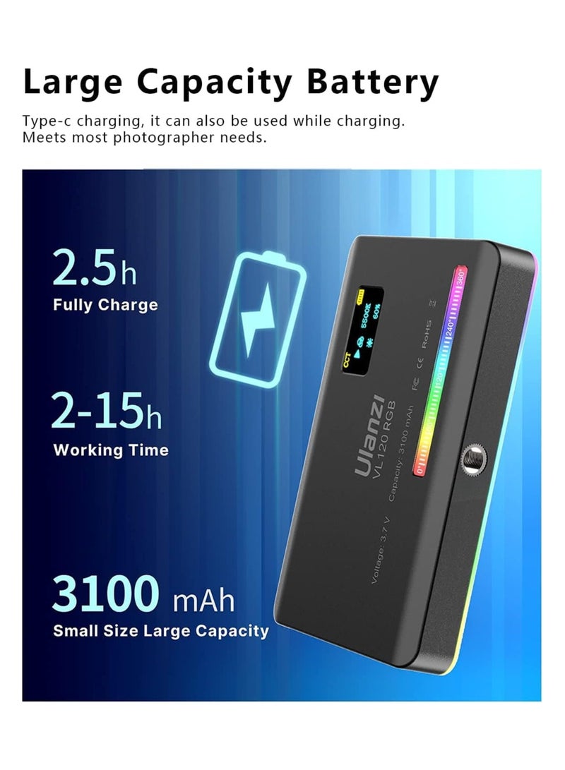 ULANZI VL120 RGB Video Light, Pocket LED On-Camera Video Lights, Built-in 3100mAh Rechargeable Battery, 360 Full Color 20 Light Effects, CRI≥95 2500-9000K LED Panels for Photography Vlogging