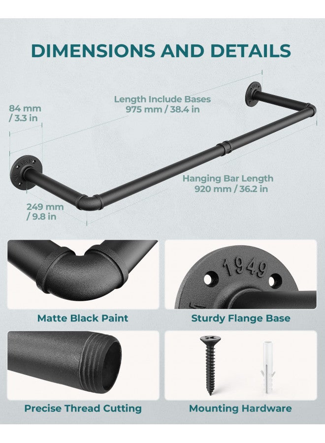 OROPY Industrial Pipe Clothing Rack 38.4", Heavy Duty Detachable Wall Mounted Clothes Rack Black Iron Garment Bar, Multi-purpose Hanging Rod for Closet Storage, Black (Two Base) - Image 2