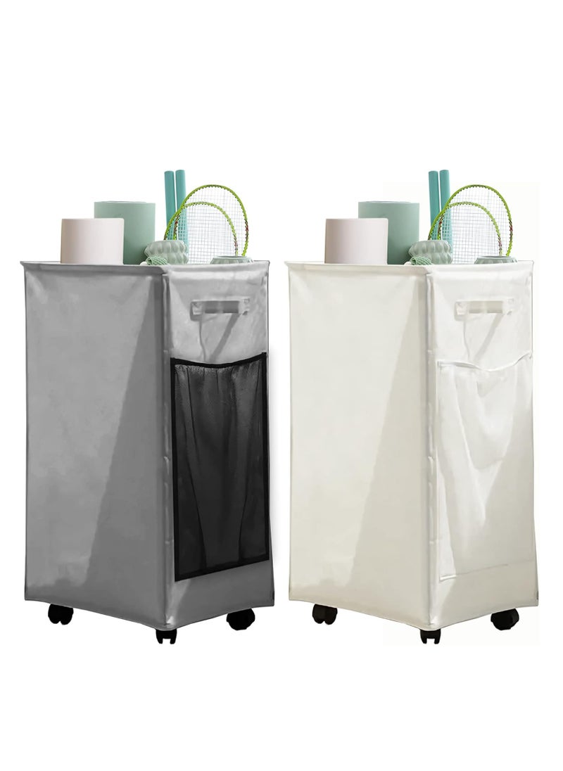KASTWAVE 2Pcs Laundry Hamper with Wheels, Yoga Storage Basket, Rolling Laundry Basket, Collapsible Clothes Storage Cart, Foldable Yoga Mat Storage Racks, Slim Corner Storage Organizer, Gray and Beige, 84L  - Image 1