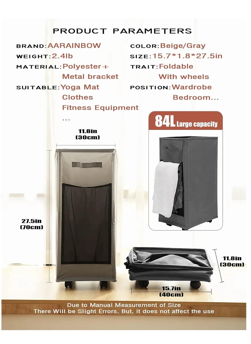 KASTWAVE 2Pcs Laundry Hamper with Wheels, Yoga Storage Basket, Rolling Laundry Basket, Collapsible Clothes Storage Cart, Foldable Yoga Mat Storage Racks, Slim Corner Storage Organizer, Gray and Beige, 84L  - Image 5