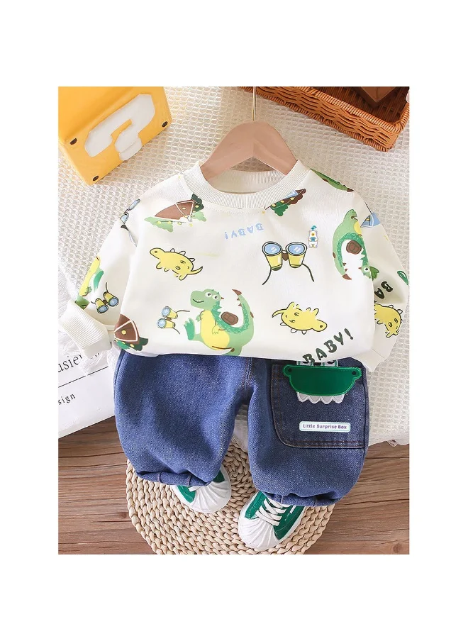 LITTLE SURPRISE BOX 2 Pcs Set Dino Adventure Sweat Shirt And Denims Set For Toddler And Kids Winter And All Season Wear