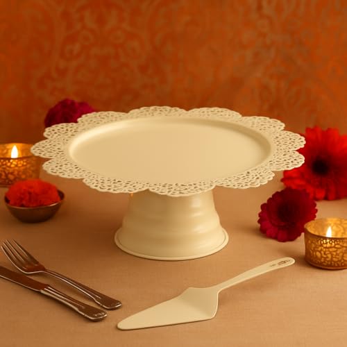 Elan Scallop Cake Stand | Desserts Candy, Fruits, Dry Fruits Plates |Cake Stands for Wedding Birthday | Beautifully designed decorative metal Cake Stand for parties server size (13-inch-white) - Image 2