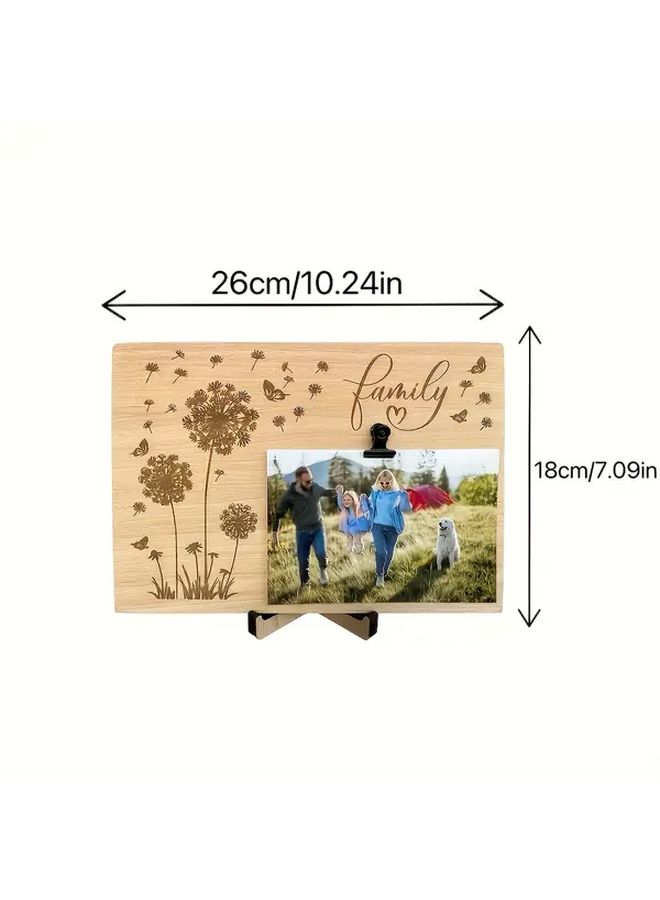 Handcrafted Wooden 1pc Family Photo Frame With Clips Floral Butterfly Engraving Square Wall Decor - Image 3