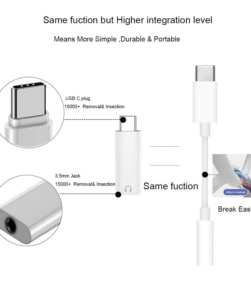 محول USB C إلى 3.5 ملم لمقبس سماعات الرأس، محول صوت من نوع C إلى Aux للهواتف الذكية وأجهزة الكمبيوتر المحمول، لتشغيل الصوت والمكالمات الصوتية، باللون الأبيض، عبوة تحتوي على محول واحد. - Image 3
