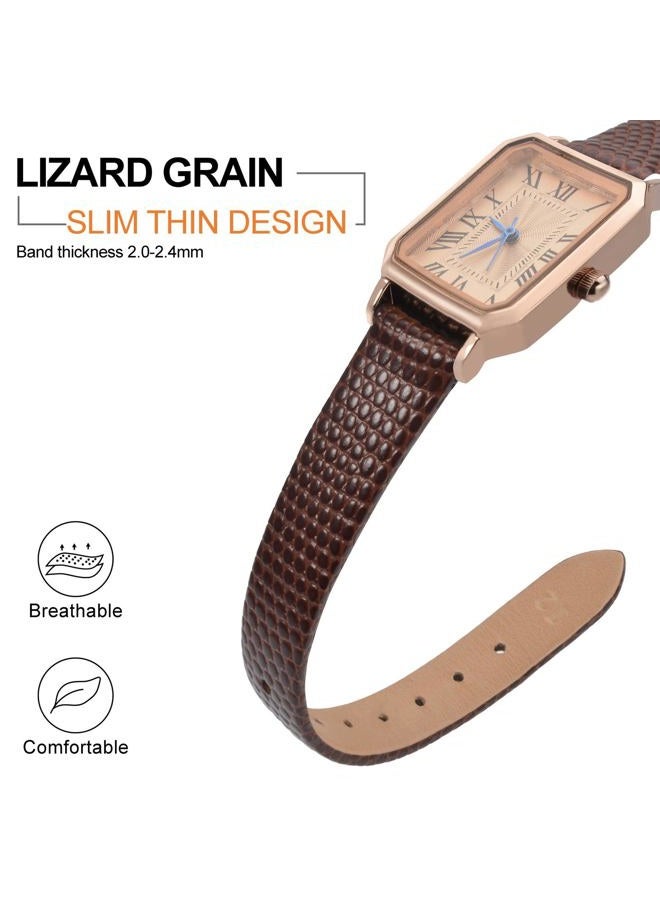 ANNEFIT Women's Leather Watch Band 15mm with Gold Buckle, Lizard Grain Slim Thin Replacement Strap (Brown) - Image 3