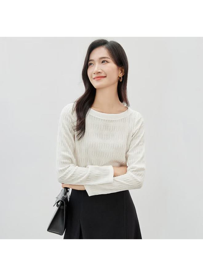 Sentubila Long-sleeve Base Layer Top For Women, Autumn And Winter Outer Wear Knitted T-shirt, Slimming For Pee Figures, Ivory White, XL