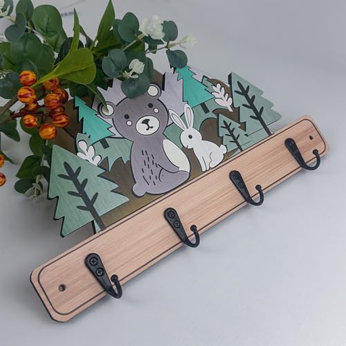 Midrean Wooden Cute Jungle Animals Kids Coat Rack Childrens Wall Hangings Mount Colorful Bear Hooks for Kids Room Decor Key Holder - Image 3
