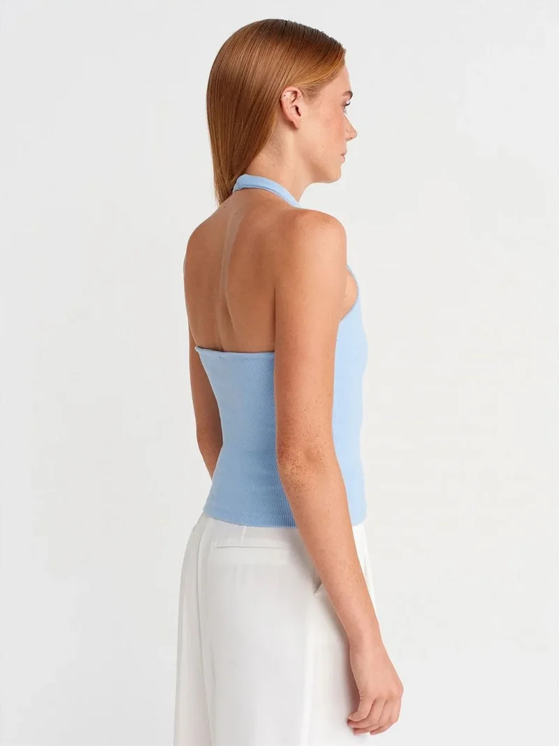 Dilvin Dilvin Crop Halterneck Ribbed Blouse With Stone Detail