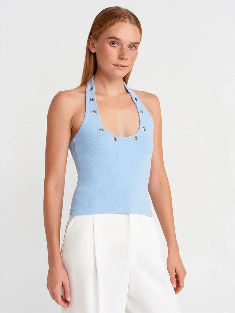 Dilvin Dilvin Crop Halterneck Ribbed Blouse With Stone Detail