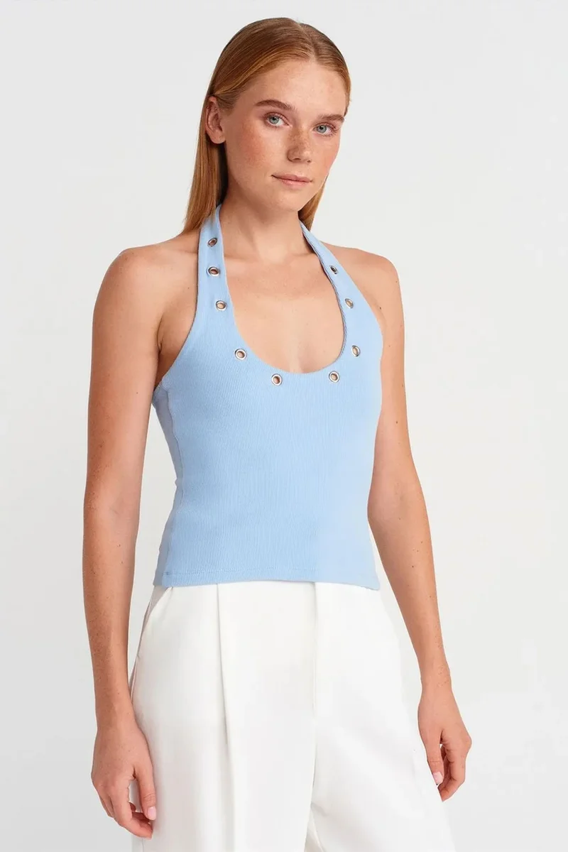 DILVIN Crop Halterneck Ribbed Blouse With Stone Detail
