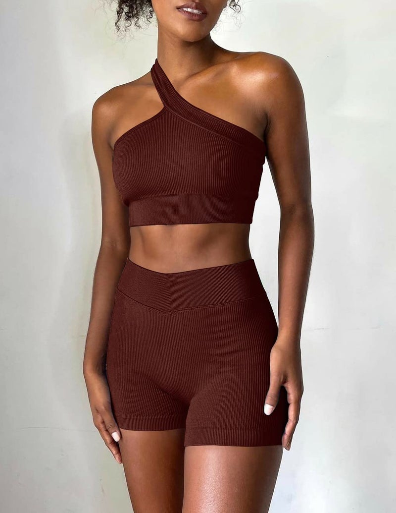 OLCHEE Womens 3 Piece Workout Sets - Seamless Ribbed Yoga Outfits Sports Bra One Shoulder Top and Biker Shorts - Brown Medium - Image 5