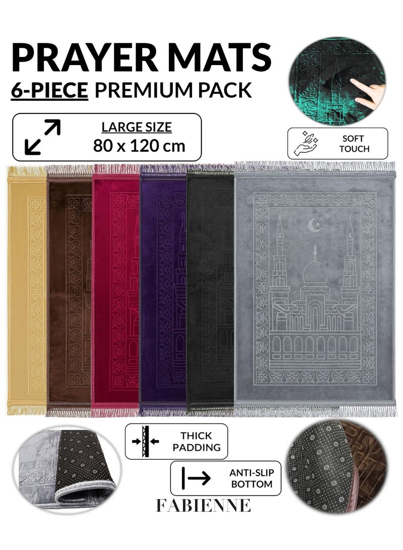 Fabienne 6-Piece Prayer Mats 80x120cm Multicolor Combo Prayer Rug Set Large Size Thick Padded Premium Comfort Plush Velvet Top Layer Anti-Slip Islamic Sajadah Set - Image 1