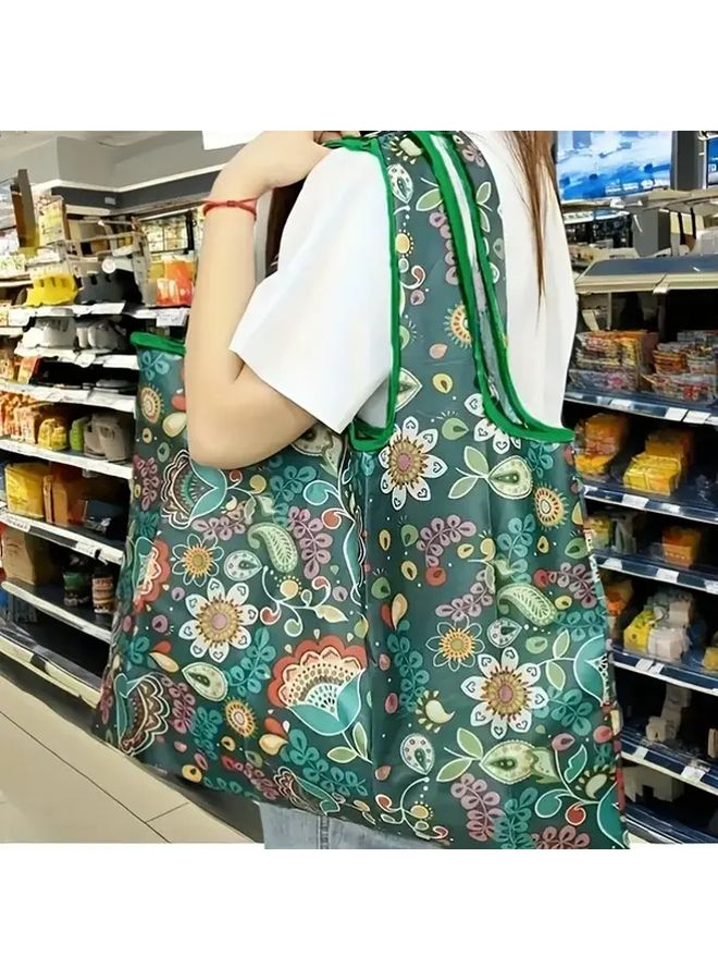 Green Flowers Floral Pattern Large Capacity Foldable Shoulder Bag Reusable Shopping Tote - Image 1