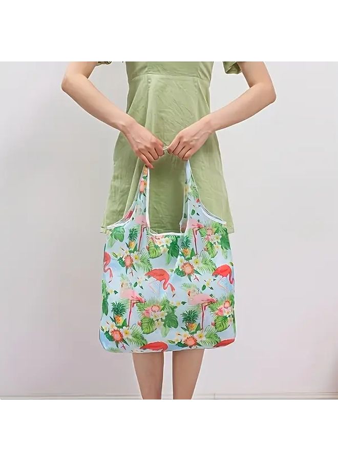 Green Flowers Floral Pattern Large Capacity Foldable Shoulder Bag Reusable Shopping Tote - Image 2