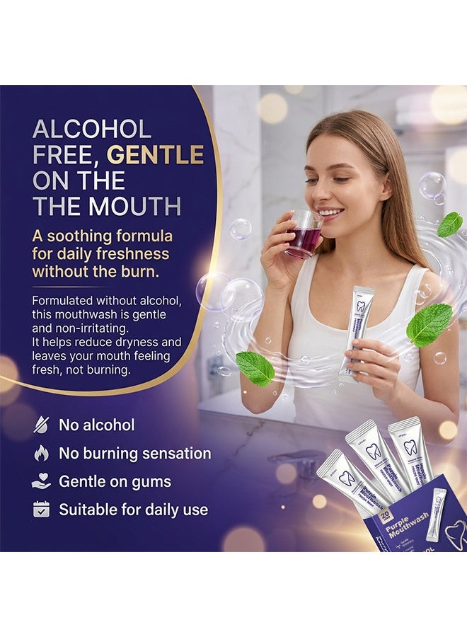 Feimuko Purple Mouthwash, Alcohol-Free Fresh Mint Disposable Mouthwash Sachets, Gentle Teeth Whitening Oral Rinse, Long Lasting Fresh Breath, Travel Friendly, 200ml（10ml×20） - Image 3