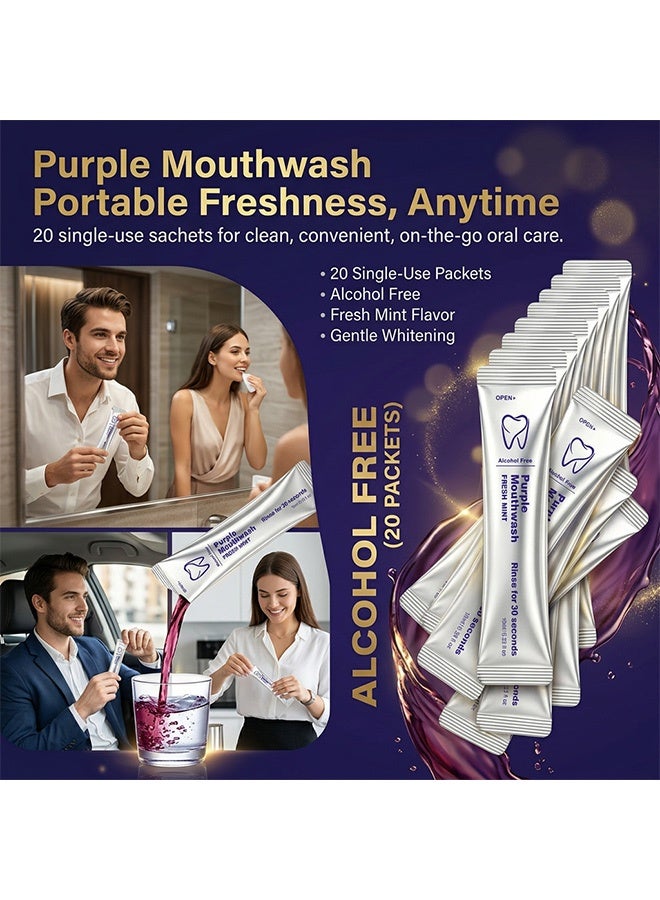 Feimuko Purple Mouthwash, Alcohol-Free Fresh Mint Disposable Mouthwash Sachets, Gentle Teeth Whitening Oral Rinse, Long Lasting Fresh Breath, Travel Friendly, 200ml（10ml×20） - Image 5