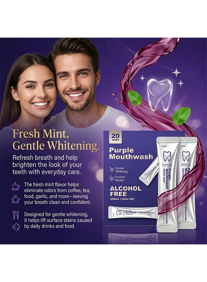 Feimuko Purple Mouthwash, Alcohol-Free Fresh Mint Disposable Mouthwash Sachets, Gentle Teeth Whitening Oral Rinse, Long Lasting Fresh Breath, Travel Friendly, 200ml（10ml×20） - Image 4