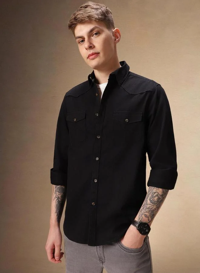 دينيس لينغو قميص رجالي سادة من القطن بياقة نحيفة كاجوال