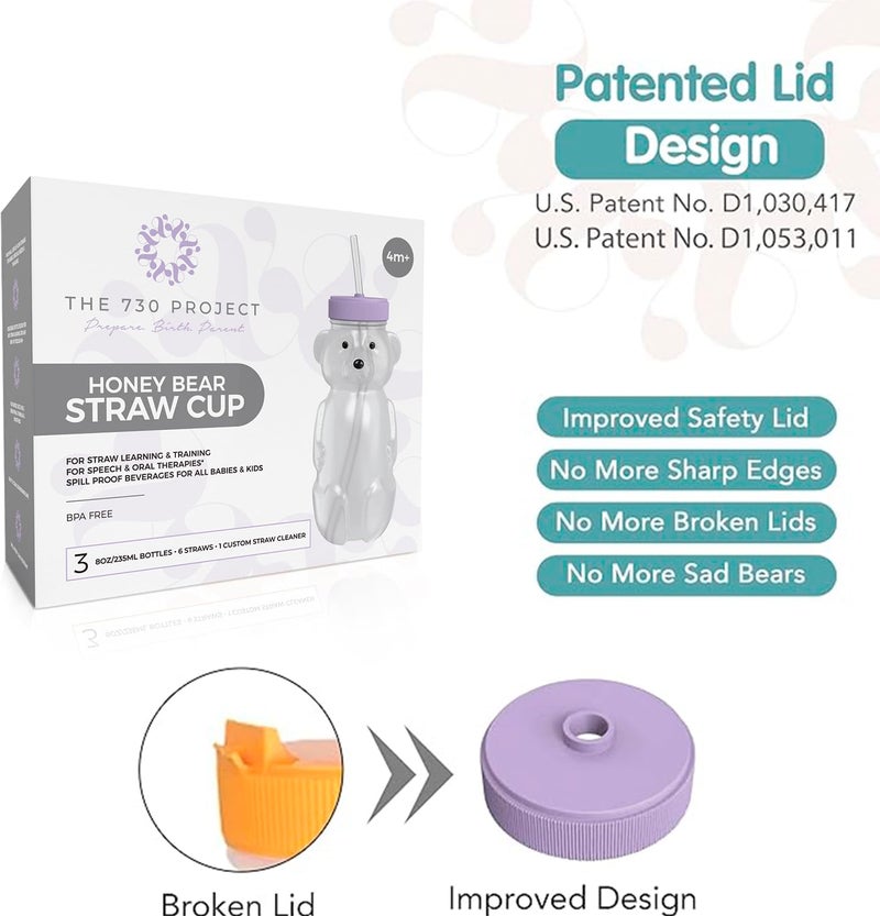 The 730 Project Honey Bear Straw Cup for Babies, 8-oz Honey Bear Cup with Lid, 3-Pack Therapy Learning Honeybear Straw, Baby Bottle Set, Unicorn PURPLE - Image 3