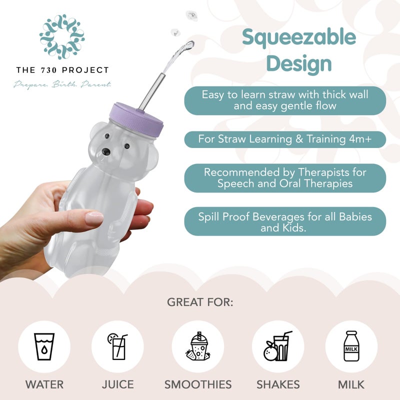The 730 Project Honey Bear Straw Cup for Babies, 8-oz Honey Bear Cup with Lid, 3-Pack Therapy Learning Honeybear Straw, Baby Bottle Set, Unicorn PURPLE - Image 5