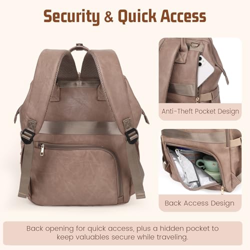 ROSEGIN Premium Vegan Leather Diaper Bag Backpack with Waterproof Changing Pad – Reinforced Stitching & Zippers, Baby Bag for Boy Girl, Stroller Straps, Ergonomic Design for Traveling Moms, Taupe - Image 4