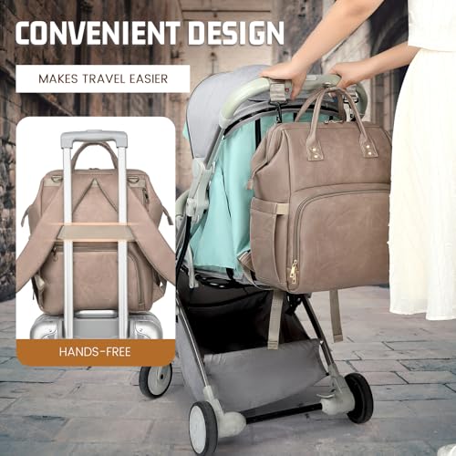 ROSEGIN Premium Vegan Leather Diaper Bag Backpack with Waterproof Changing Pad – Reinforced Stitching & Zippers, Baby Bag for Boy Girl, Stroller Straps, Ergonomic Design for Traveling Moms, Taupe - Image 5
