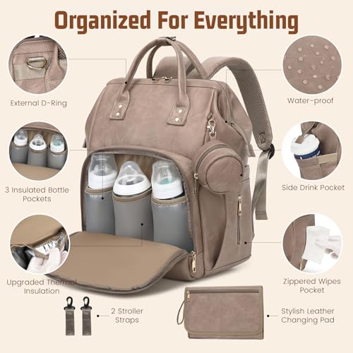 ROSEGIN Premium Vegan Leather Diaper Bag Backpack with Waterproof Changing Pad – Reinforced Stitching & Zippers, Baby Bag for Boy Girl, Stroller Straps, Ergonomic Design for Traveling Moms, Taupe - Image 3