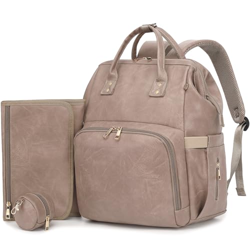 ROSEGIN Premium Vegan Leather Diaper Bag Backpack with Waterproof Changing Pad – Reinforced Stitching & Zippers, Baby Bag for Boy Girl, Stroller Straps, Ergonomic Design for Traveling Moms, Taupe - Image 1