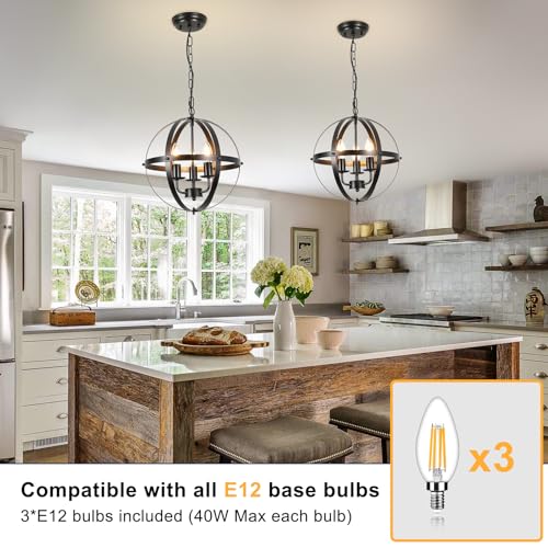 DINGLILIGHTING DLLT Vintage Pendant Hanging Light Fixtures, Flush Mount Ceiling Chandelier Lamp with Metal Spherical Shade for Kitchen, Dining Room, Living Room, Hallway, Entryway 3-Light, E12 Base-Matte Black - Image 3