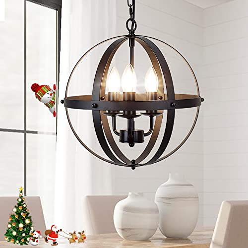 DINGLILIGHTING DLLT Vintage Pendant Hanging Light Fixtures, Flush Mount Ceiling Chandelier Lamp with Metal Spherical Shade for Kitchen, Dining Room, Living Room, Hallway, Entryway 3-Light, E12 Base-Matte Black - Image 1