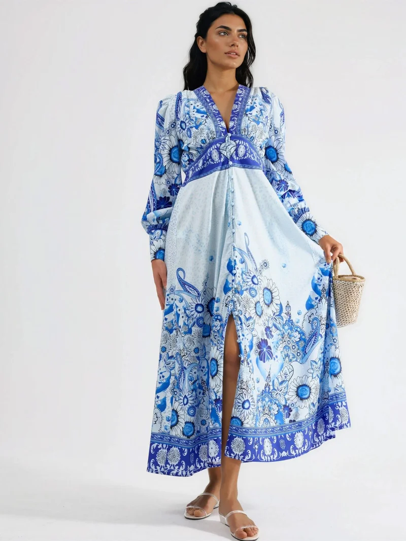 Jennyfer Floral Maxi Dress with Paneled Design