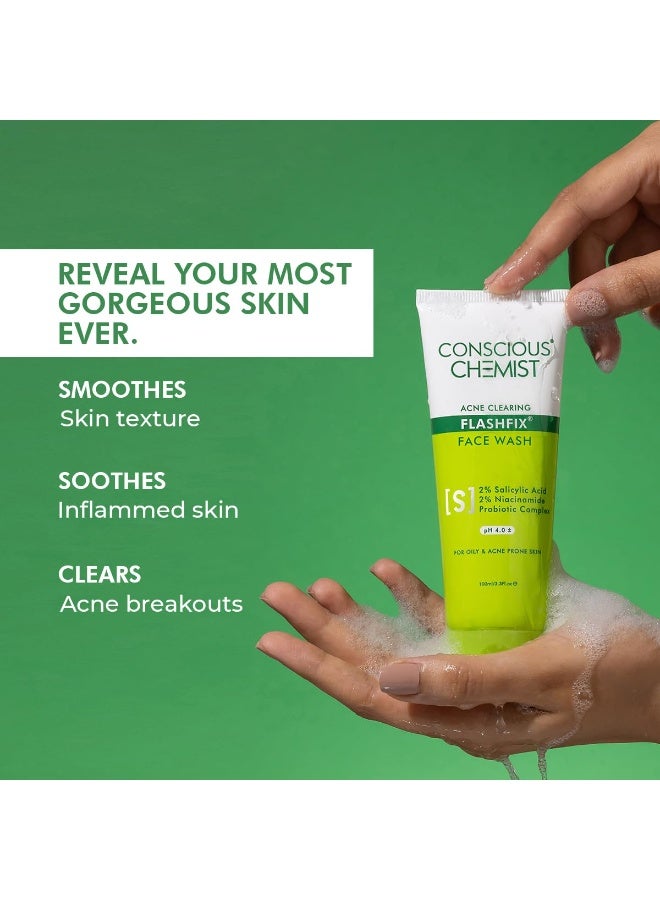 كيميائي واعي غسول للوجه بحمض الساليسيليك بنسبة 2% | 100 مل | غسول للوجه للبشرة الدهنية والمعرضة لحب الشباب للرجال والنساء، يحتوي على حمض الجليكوليك ومستخلص السيكا، لبشرة متألقة ونضرة، نباتي ولم يُختبر على الحيوانات - فلاش فيكس - Image 4