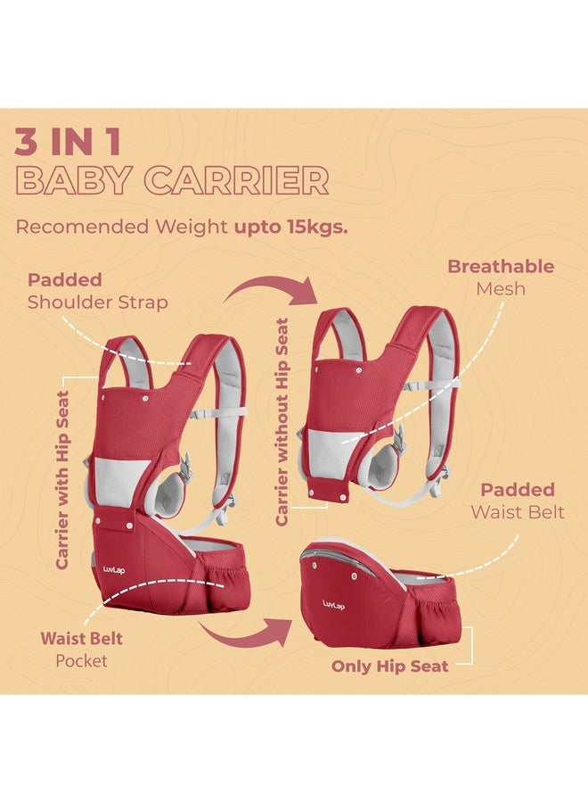 Luvlap Comfy Newborn Baby Carrier with Detachable Hip Seat (3 in 1), Ergonomically Designed (6-24 Months), 6 Baby Carrying Modes, Carrying Capacity 15Kg, Red - Image 3