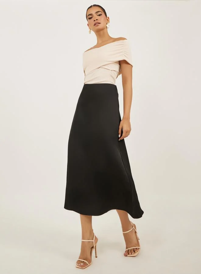 Styli Black Satin Flared Maxi Skirt