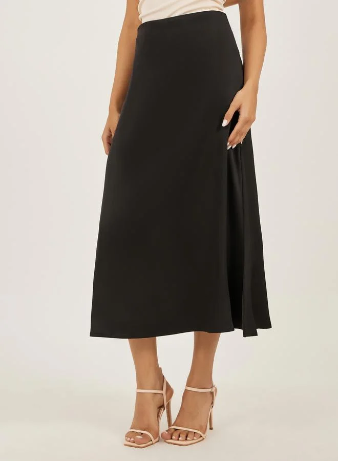 Styli Black Satin Flared Maxi Skirt