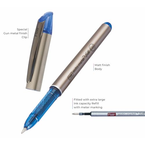 FLAIR Writometer Silk Gel Pen | Gunmetal Finish Clip & Stylish Matte Finish Body | Our Longest Writing Pens | Ensures Smoothness & Durability | Blue Ink, Pack of 5 - Image 3