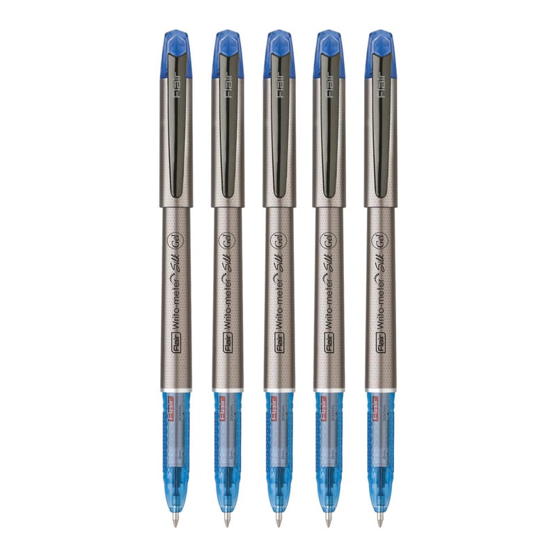 FLAIR Writometer Silk Gel Pen | Gunmetal Finish Clip & Stylish Matte Finish Body | Our Longest Writing Pens | Ensures Smoothness & Durability | Blue Ink, Pack of 5 - Image 5