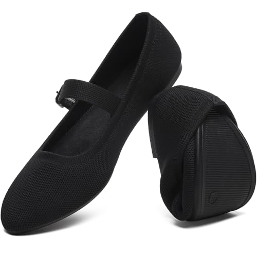 HEAWISH Women's Ballet Flat Shoes Mary Jane Pointed Toe Mesh Flats,Comfortable Slip on Ladies Shoe with Adjustable Strap,Casual Office Dress Flats for Work(Black,US7) - Image 1