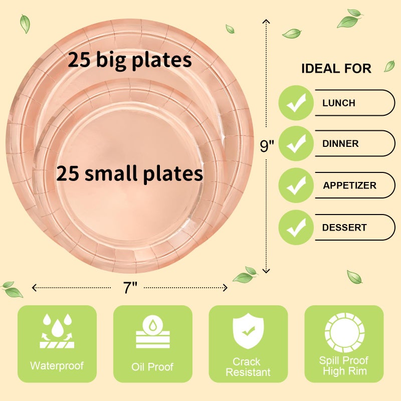 LANLISA 50 Rose Gold Paper Plates Disposable Set Includes 25-9" & 25-7" Disposable Birthday Cake Dessert Paper Plates For Party Supplies - Image 5