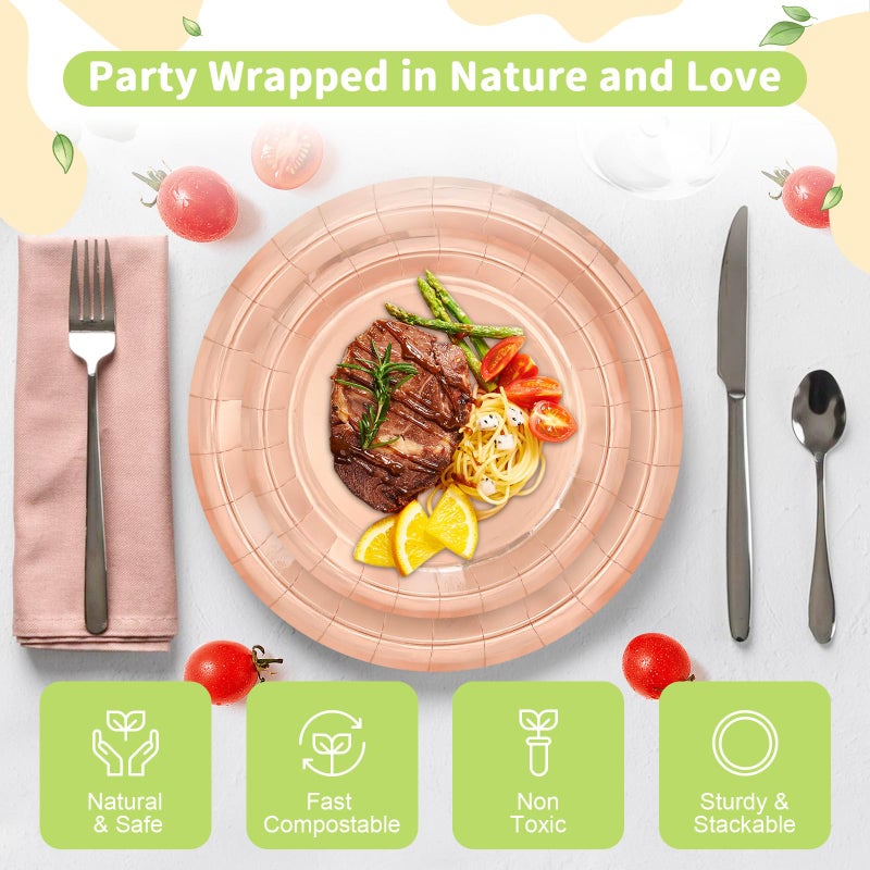 LANLISA 50 Rose Gold Paper Plates Disposable Set Includes 25-9" & 25-7" Disposable Birthday Cake Dessert Paper Plates For Party Supplies - Image 3