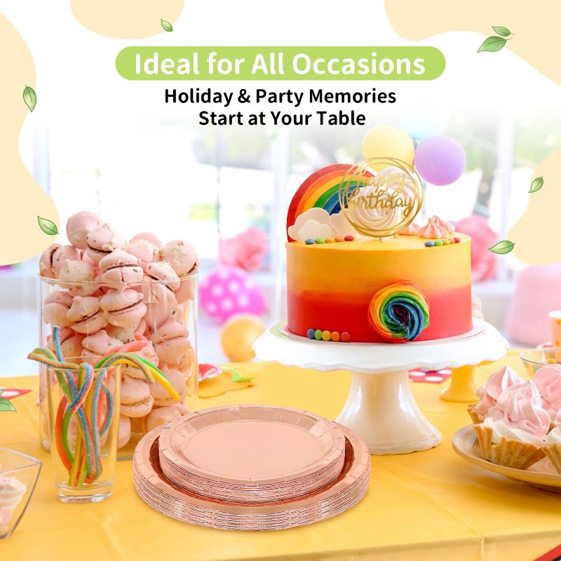 LANLISA 50 Rose Gold Paper Plates Disposable Set Includes 25-9" & 25-7" Disposable Birthday Cake Dessert Paper Plates For Party Supplies - Image 2