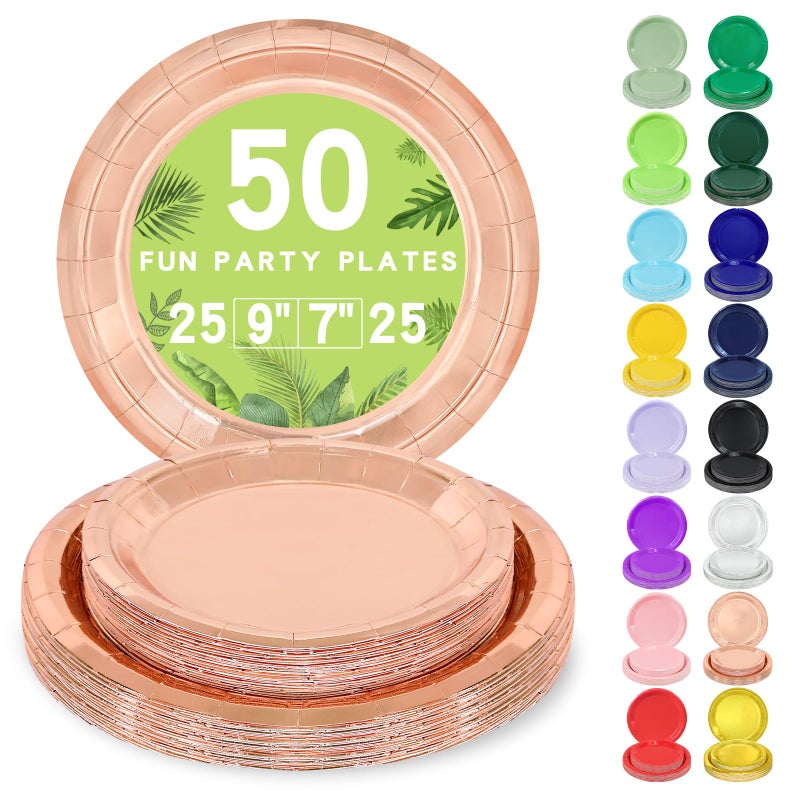 LANLISA 50 Rose Gold Paper Plates Disposable Set Includes 25-9" & 25-7" Disposable Birthday Cake Dessert Paper Plates For Party Supplies - Image 1
