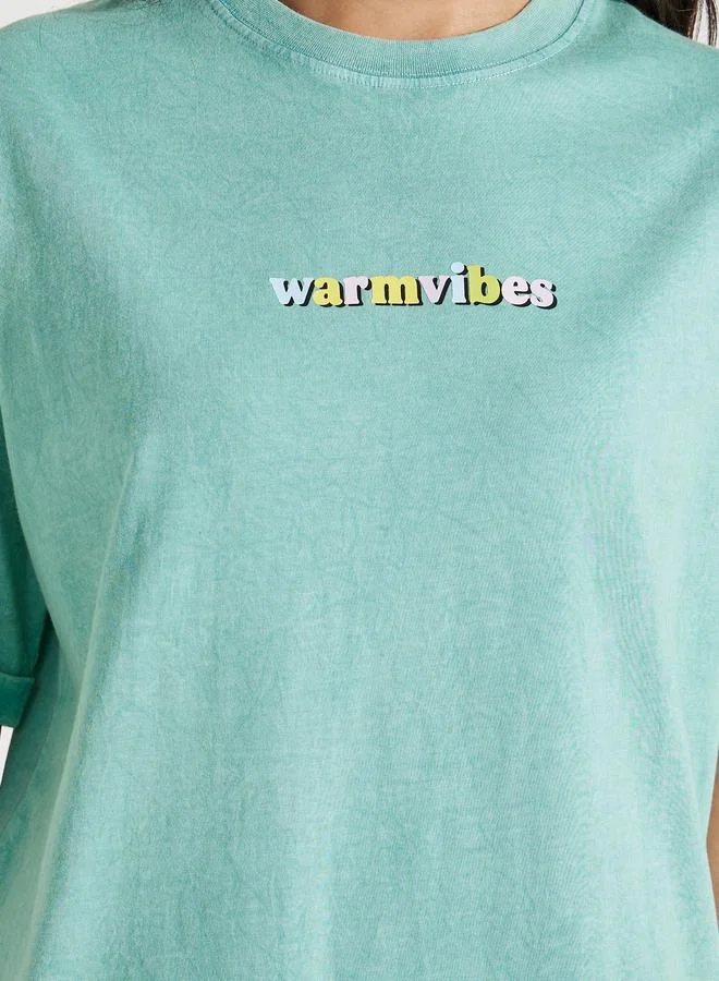 ستايلي Oversized Warm Vibes Slogan Acid Wash T-Shirt