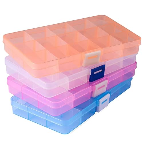 Opret 15 Girds Bead Organizer(4 Pack), Earring Organizer Box, SMALL Plastic Containers with Adjustable Dividers for Crafts Jewelry Screws Fishing Tackles Small Items, Size 6.9×3.9×0.9in - Image 1