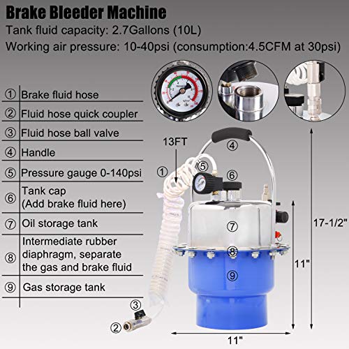 YSTOOL Brake Bleeder Kit Pneumatic Pressure Brake Clutch Fluid Bleeding Tool Set with Master Cylinder Adatpers Air Power Pressurized Oil Change Bleeder Machine and Waste Oil Collection Bottle (Blue) - Image 2