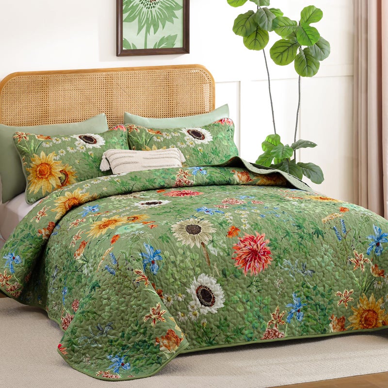 Yiran Floral King Size Quilt, Green Floral Bedspreads Bedding Set, 3 Pieces Botanical Spring Summer Soft Lightweight Coverlet with 2 Pillow Shams for All Season 106x90 Inch - Image 2