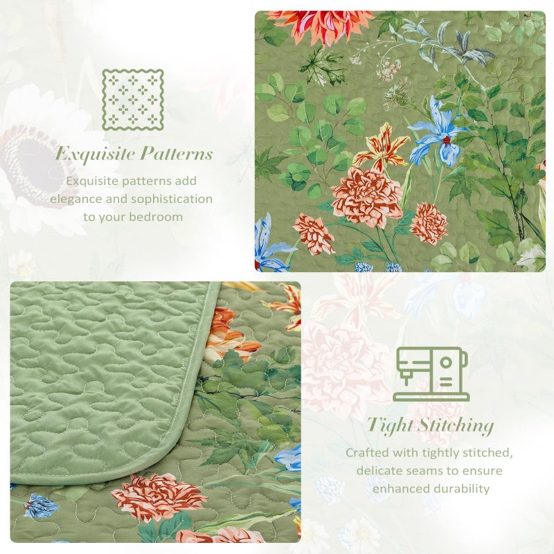 Yiran Floral King Size Quilt, Green Floral Bedspreads Bedding Set, 3 Pieces Botanical Spring Summer Soft Lightweight Coverlet with 2 Pillow Shams for All Season 106x90 Inch - Image 5